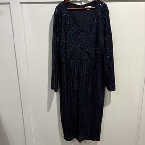 Chic Soul Dress Womens 3X Navy Blue Sequin Mesh Long Sleeve Midi Sheath Formal